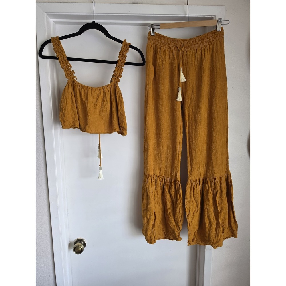 Olivaceous Matching Set M Mustard Cotton Boho Square Neck Sleeveless Outfit